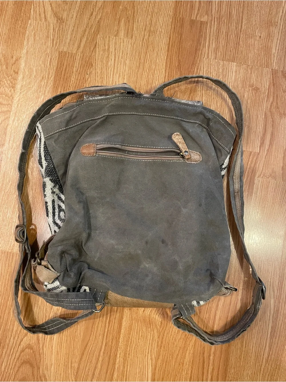 Myra BagHandwoven Black & White Patterned Women's Backpack W/ Brown Leather Trim